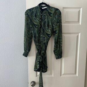Green Paisley Button-Up dress with Tie Waist